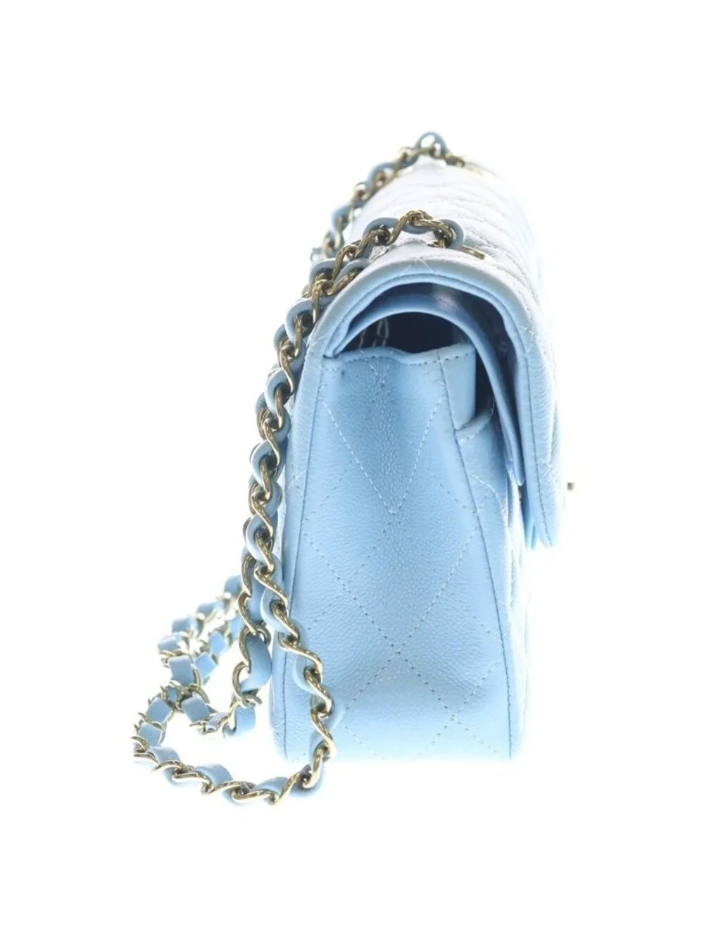 Chanel Quilted 23 Double Flap Chain Shoulder Bag Light Blue Caviar Leather Gold